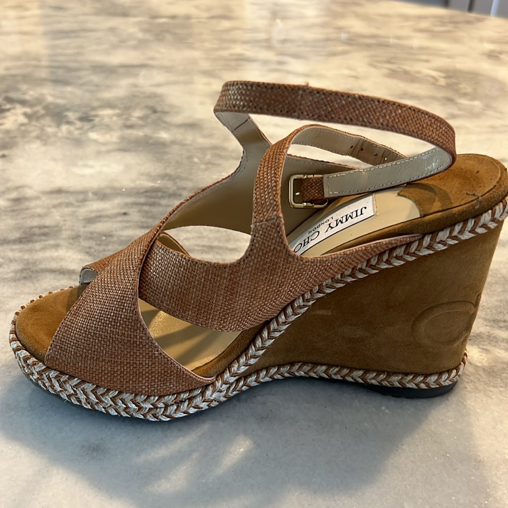 Jimmy Choo Tan Woven Espadrille Wedge Sandals